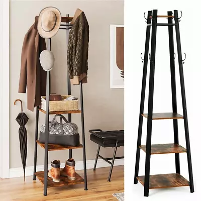 XL Height Sturdy Coat Rack Stand 4 Shelves Hall Trees 8 Hooks Hat Handbag Hanger • £45.91