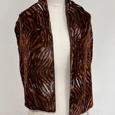 Elaine Gold Velvet Scarf Brown Black Gold Tiger Print Silk Blend Reversible Long • $14.95