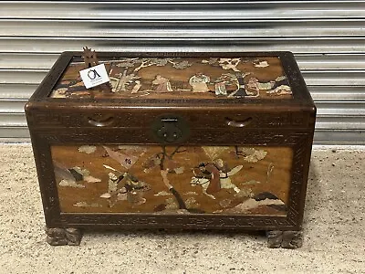 Antique C1920s Chinese Oriental Antique Camphor Wood Chest With Soapstone Decor • £395
