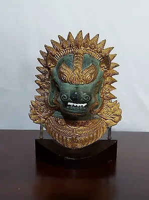 Vintage Foo Dog Lion Singha Temple Bronze Patina Asian Thai Face Mask - On Stand • $124.99