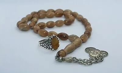 Yemeni Yellow Agate Handmade Silver Men's Ring  Wooden Masbaha 33 Prayer Beads  • $165.75