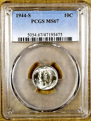 1944-S PCGS MS67 Mercury Dime - 95+% Blazing White • $84