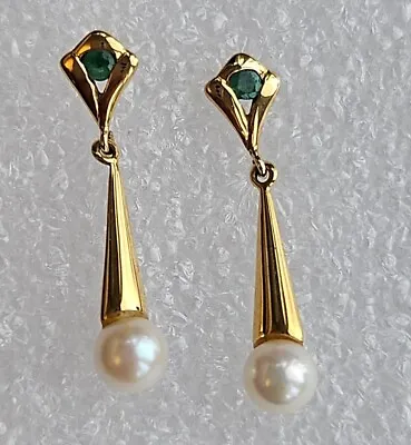 9ct Gold Emerald & Pearl Drop Earrings Butterfly Back Marked .375 • £99
