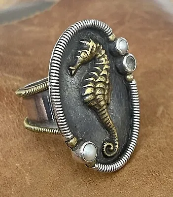 Vintage Mars & Valentine Seahorse Ornate Mop & White Topaz Sterling Ring Sz 9.25 • $295