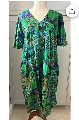 Sante Crinkle Cotton Caftan Green Peacock Feather Print Dress Cover Up MuuMuu OS • $29.95