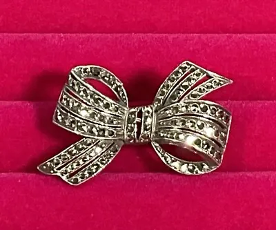 VINTAGE Sterling Silver Marcasite Bow Brooch Stamped Silver • $39.99