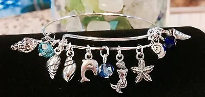  Mini Sea Shells Mermaid & Dolphin Silver Charm Expandable Bangle Bracelet • $5.99