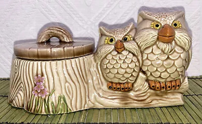 Vintage Ceramic Owl Trinket Box Two Owls On Log Tree Stump Trinket Box W/Lid • $20