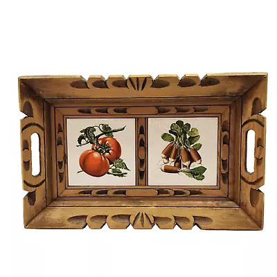 Vintage Mexican Carved Wooden And Ceramic Vegetable Tile Serving Tray Can Hang • $31.49