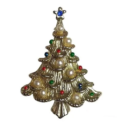 Vintage Gold Tone Christmas Tree Pearl Rhinestone Brooch Pin Marked Taiwan • $13.99
