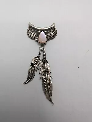 Vintage Navajo Sterling Silver Mother Of Pearl Feathers Pendant Slider • $69