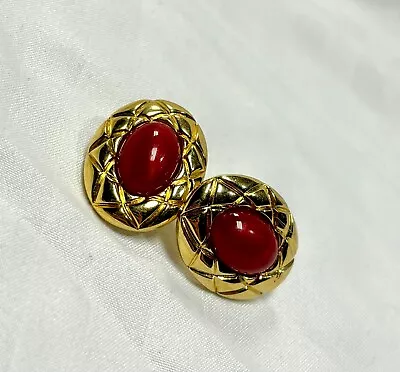 Vintage 1950s Trifari Red Coral And Gold Tone Earrings With Geometric Pattern • $7