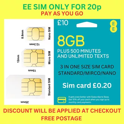 EE Sim Card Pay As You Go PAYG £10 Pack 8GB Data Unlimited SMS Mini Micro Nano • £0.99