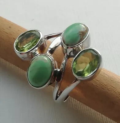 Ladies 925 Sterling Silver/Green Turquoise/Faceted Peridot Ring Size P½ • £36