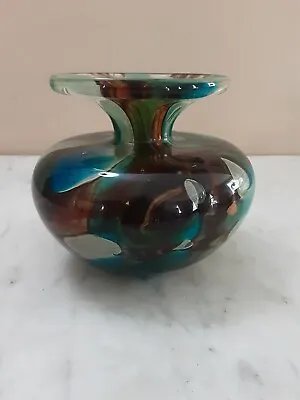 Vtg MDINA Mid-Century Art Glass Spatter Colors Blue Grey & Brown Vase  • $125