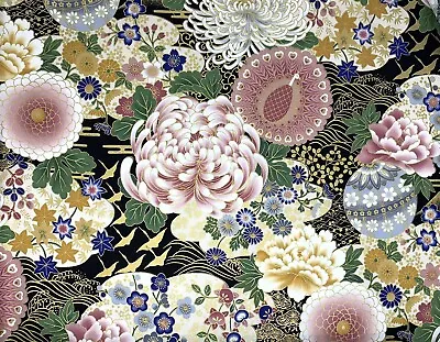 £5.16 • Buy Chrysanthemums Fabric, Japanese Oriental, Floral Black Gold Pink, Chinese Cotton