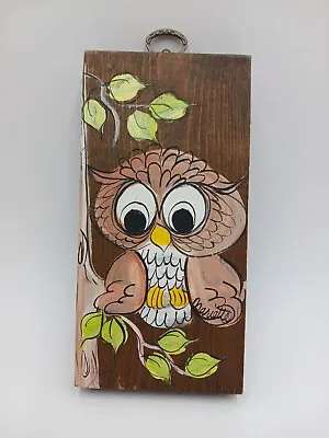 Vintage Handpainted Big Eyed Owl Painting Wooden Plaque  Artist Signed Folk Art • $16