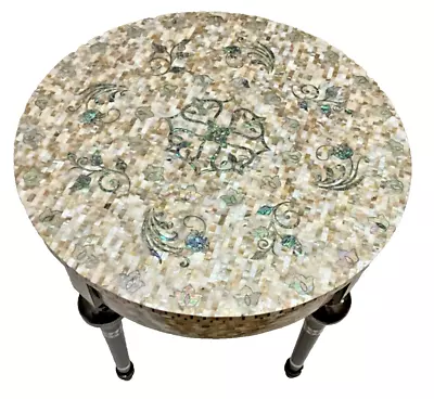 Handmade Wooden End Table Carving Wood Table Home Decor Mother Of Pearl Inlay • $1557.50