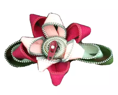 Barrette Hand Made French Hair Clip Zipper Flower Hot/light Pink Green 4 X2.5  • $3.50