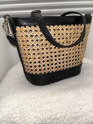 Vintage Woven Rattan And Black Leather Bag Tote Purse • $39