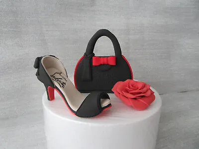 Edible Handmade Shoe Handbag Flower Fondant Sugar Cake Topper (Black/Red) • £28.99