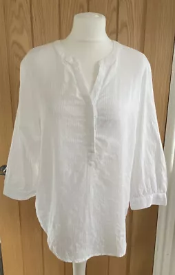 Next White Cotton Mandarin Collar V Neck 3/4 Sleeve Tunic Style Blouse Size 12 • £15.99