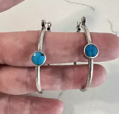 Vintage STERLING SILVER Turquoise Bezel Hoop Earrings 1.5  Boho Something Blue • $28