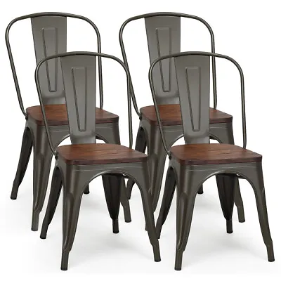 $209.99 • Buy Set Of 4 Tolix Style Metal Dining Chair Wood Seat Stackable Bistro Cafe Backrest