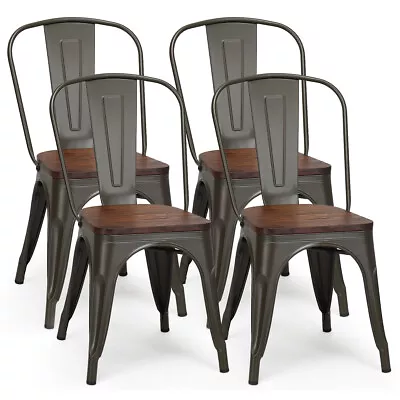 Set Of 4 Tolix Style Metal Dining Chair Wood Seat Stackable Bistro Cafe Backrest • $169.99