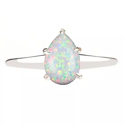 14KT White Gold & 1.00Ct Pear Shape 100% Natural Australian Opal Solitaire Ring • £425.11