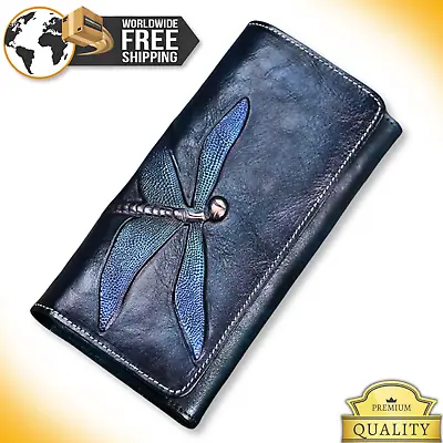 Women GENUINE LEATHER Handmade Purse Dragonfly Handbag Ladies Luxury Long Wallet • $87.23