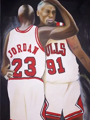 Dennis Rodman Michael Jordan Original Art Oil Painting Canvas With Frame 28X20 • $2999