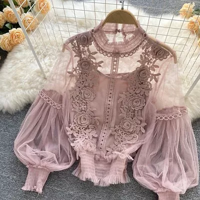 Mesh Women Blouse Shirts Solid Color Summer Vintage Blouses Free Size Inelastic • $42.76