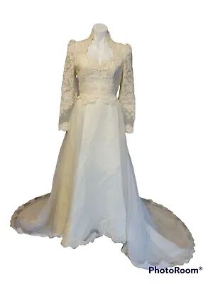 Vintage Maurer Antique Ivory Alecon Lace Chiffon Wedding Dress Gown Size 10 • $100