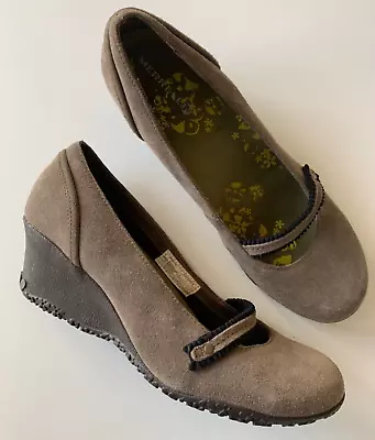 MERRELL Wedge Heels 9 PETUNIA Suede MARY JANE Grey Vibram Sole Slip On Comfort • $30