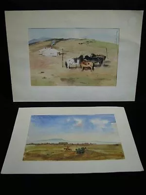 Pair Vintage Watercolors Of Mongolian Scenery • $79.99