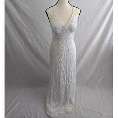 Marina White Beaded Embroidered Lace Maxi Dress Size 4 Women • $215