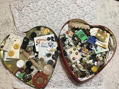 Vintage Shabby Heart Shaped Tin W/large Lot Of Sewing Buttons Tools Lace Beads • $49.95