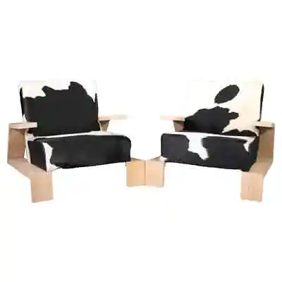 Pair Of Mid-Century Modern Cerused Oak Elephant Chairs In Cowhide • $4185