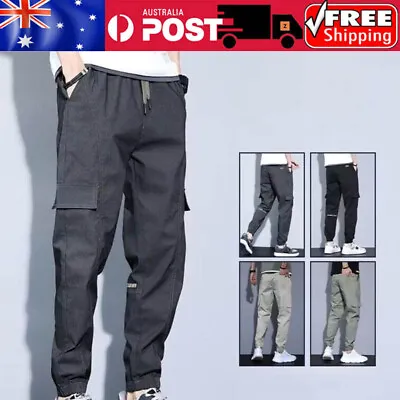 Mens Pockets Cargo Pants Stretch Waist Casual Loose Work Trousers Jogger Pants • $19.45