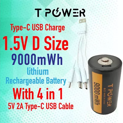 1.5V 9000mWh D Size Rechargeable Lithium Battery Type-C Port  Mel Stock • $35.85