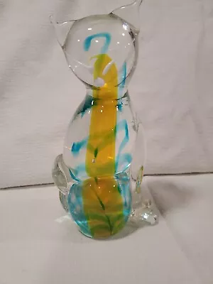 Murano Art Glass Cat Feline Figurine Yellow Blue Swirl Tail Italy Vintage • $30