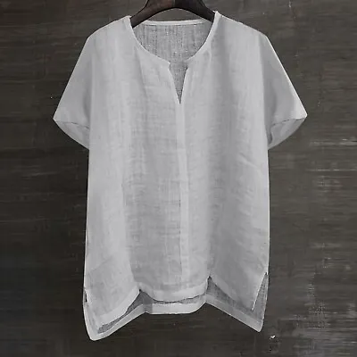 Summer Men Cotton Linen V Neck T Shirt Short Sleeve Blouse Casual Loose Tops Tee • $14.03