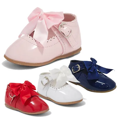£11.95 • Buy Baby Girls Spanish Bow Shoes Patent Mary Jane White Pink Navy Red Party Uk 2-8 
