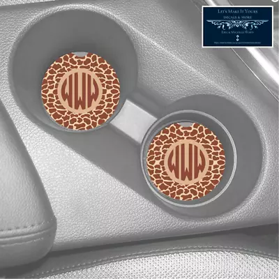 Giraffe Pattern Monogram Initials Sandstone Car Coaster Set (2) Absorbs Hot Item • $16.95