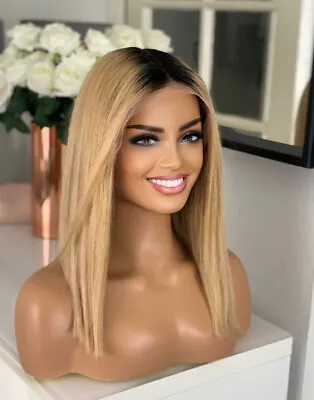 Warm Honey Rooted Blonde Lace Front Long Bob 16” Ombre Roots 100% Human Hair Wig • £169.99