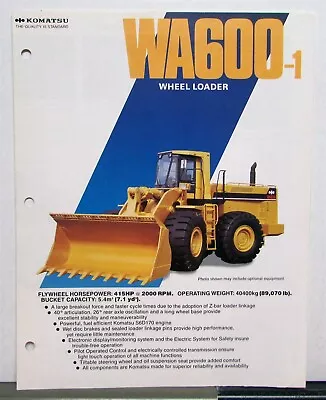 1986 Komatsu WA600-1 Wheel Loader Specifications Construction Sales Brochure • $14.28