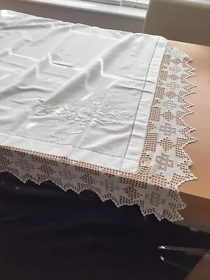 Vintage White Linen Table Cloth Embroidered Crochet Lace Edge 48 Inches Square • £10