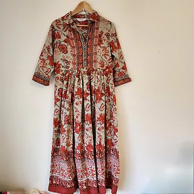 BIBA Women India Cotton Red Floral Print Half Sleeve Kurta Tunic Maxi Dress S/M • $30