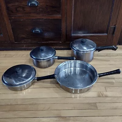 Vintage (4) Set Lustre Craft USA Stainless Cookware Pots Saucepan Skillet Lids • $74.95